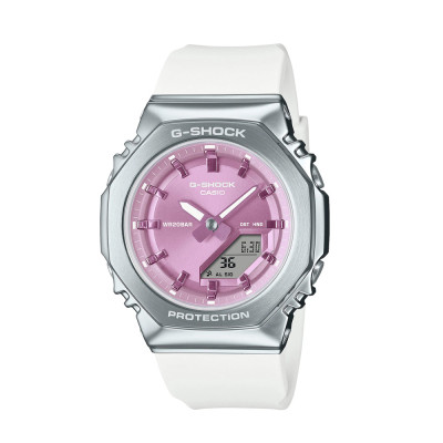 Casio G-Shock GM-S2110-7A6ER Γυναικείο Αναλογικό-Ψηφιακό Ρολόι Ανοξείδωτου Ατσαλιού σε Ασημί Χρώμα με Μωβ Λεπτομέρειες, Carbon Core Guard και Αντοχή στο Νερό 200m